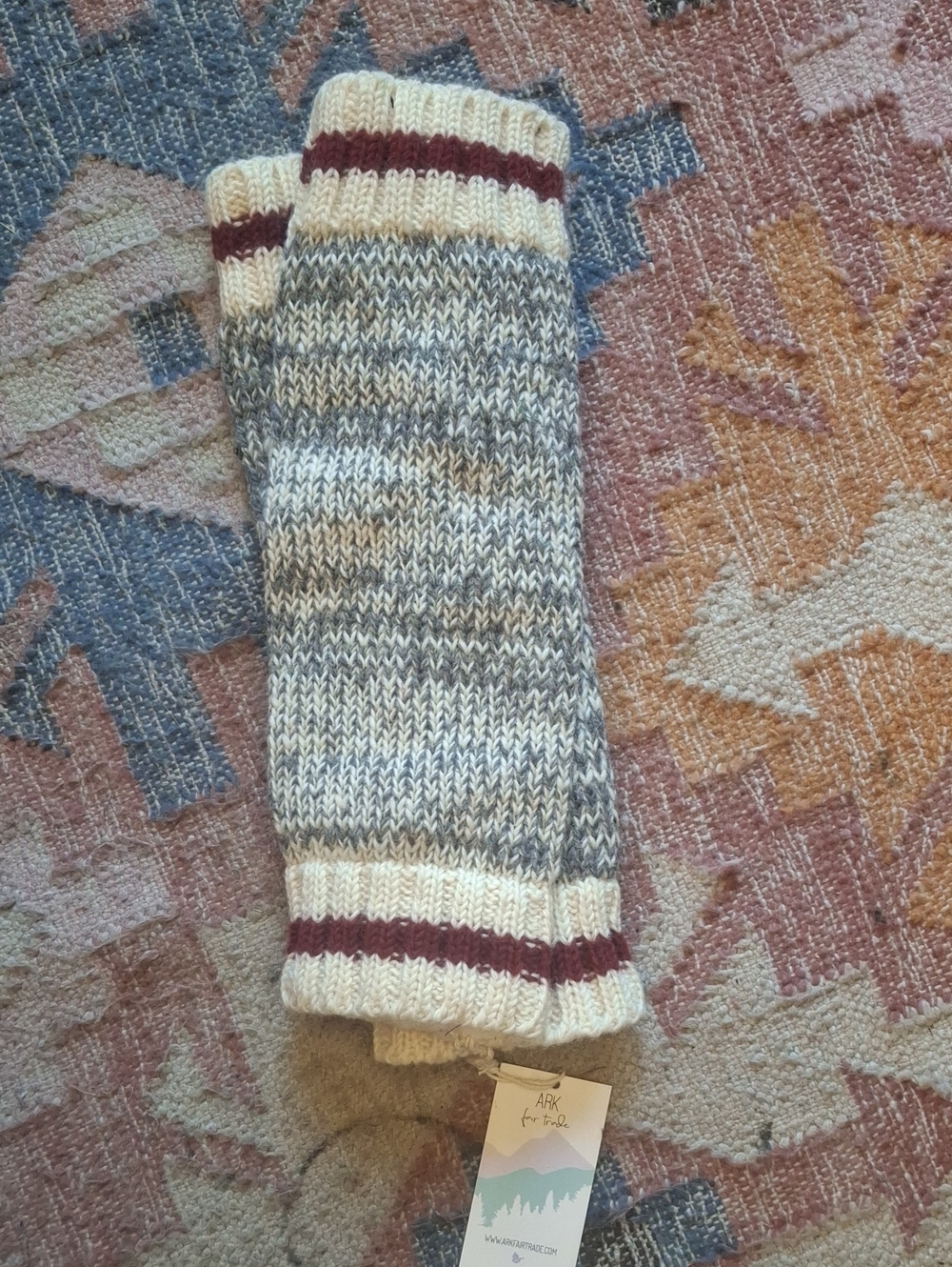 Hand-Knit Marled Gray & Cream Leg Warmers with Burgundy Stripe